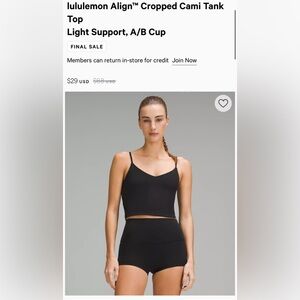 NWT lululemon Align™ Cropped Cami Tank Top Light Support, A/B Cup